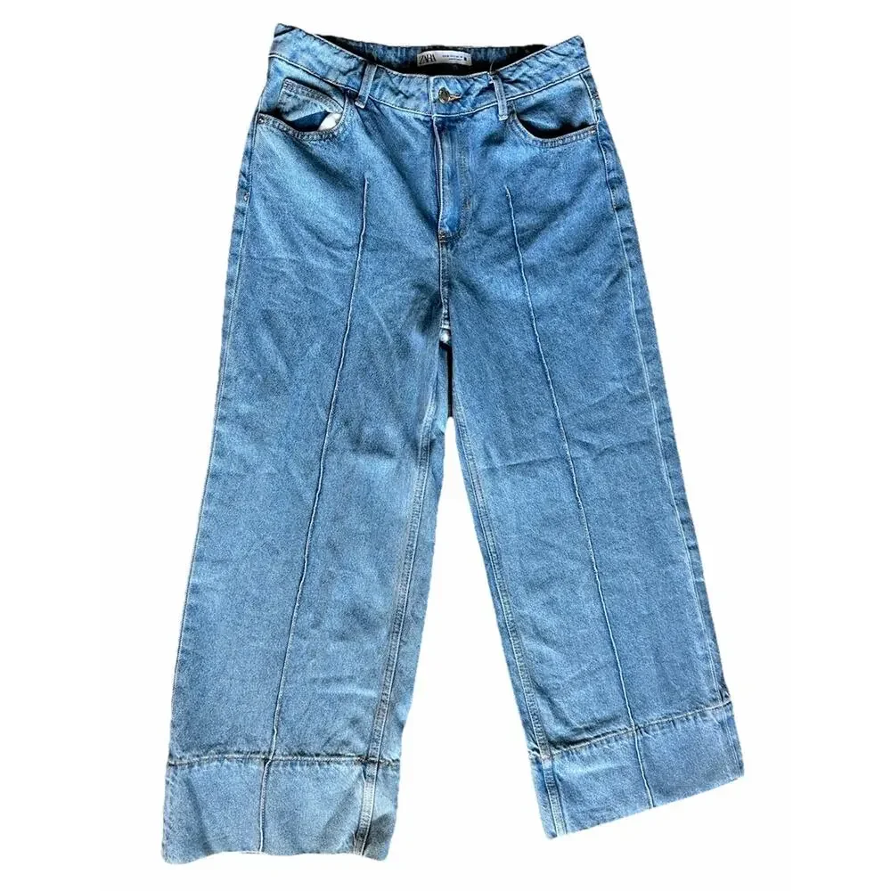 Zara Logo High-Waisted Cropped Wide Leg Jean Sz 6 Blue For Womens Cotton 100% - Picture 5 of 16